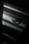 A monochrome photo of the Republic of Gamers logo with dramatic light and shadow effects.